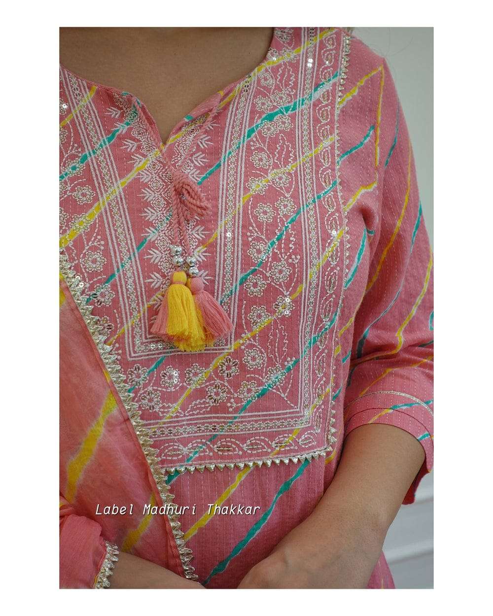 Pink Leheriya Cotton Blend Embroidered Suit Set For Women