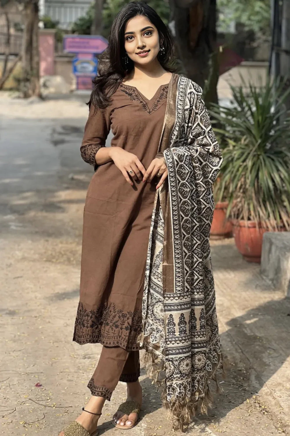 Coffee  Embroidered Cotton Kurti With Pant And  Silk Digital Print Dupatta