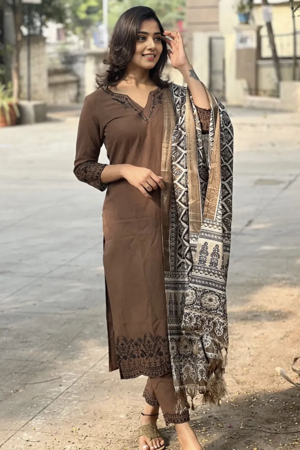 Coffee  Embroidered Cotton Kurti With Pant And  Silk Digital Print Dupatta