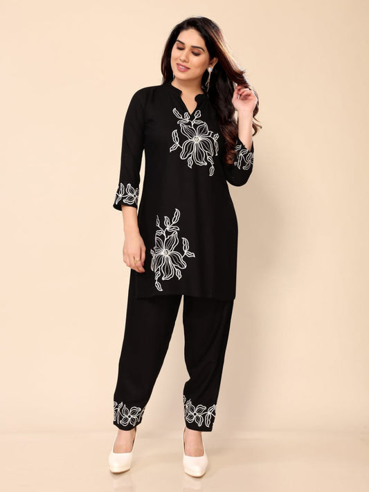 Black Embroidered Co-Ord Set with Floral Detailing