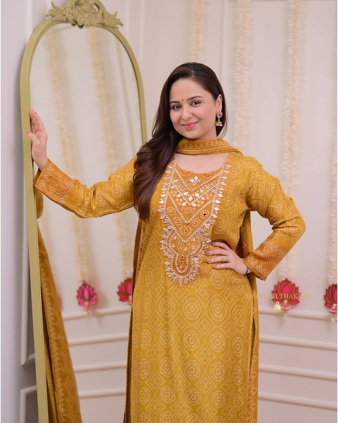 Mustard Yellow Gotawork Bandhani Print Silk Suit for woman