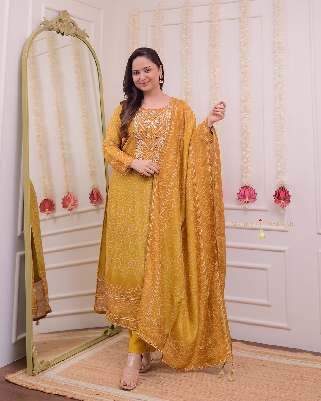 Mustard Yellow Gotawork Bandhani Print Silk Suit for woman