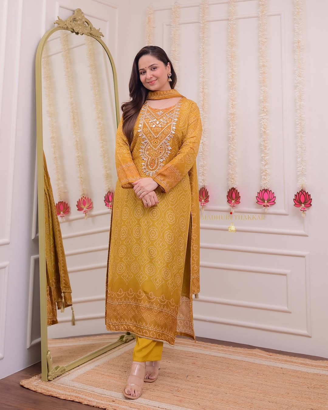 Mustard Yellow Gotawork Bandhani Print Silk Suit for woman