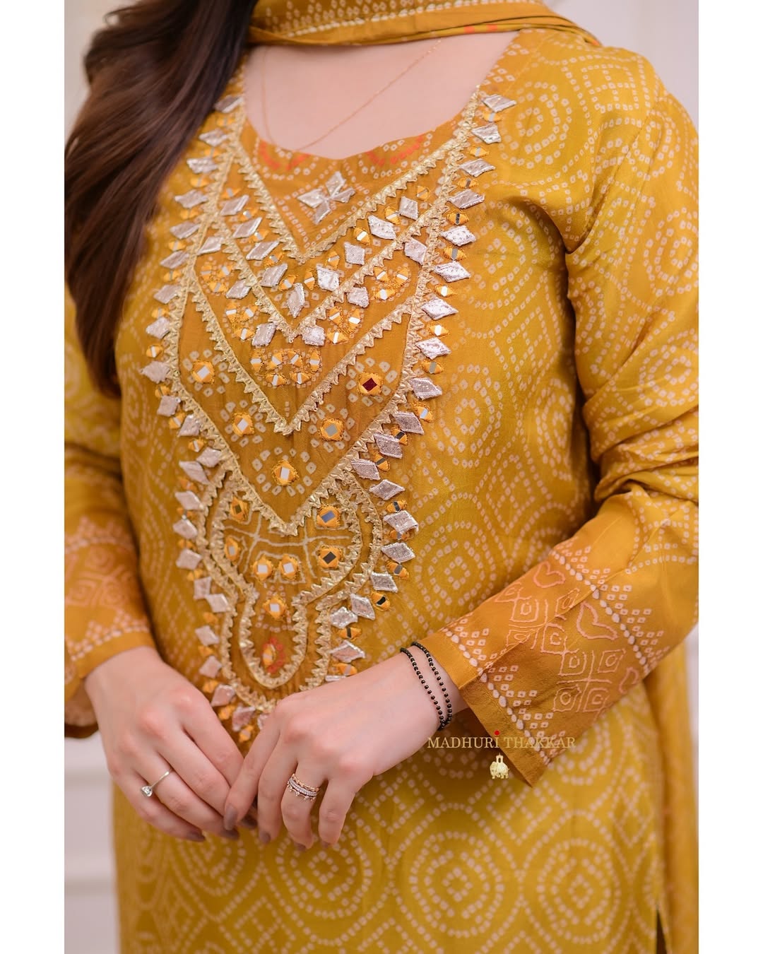 Mustard Yellow Gotawork Bandhani Print Silk Suit for woman