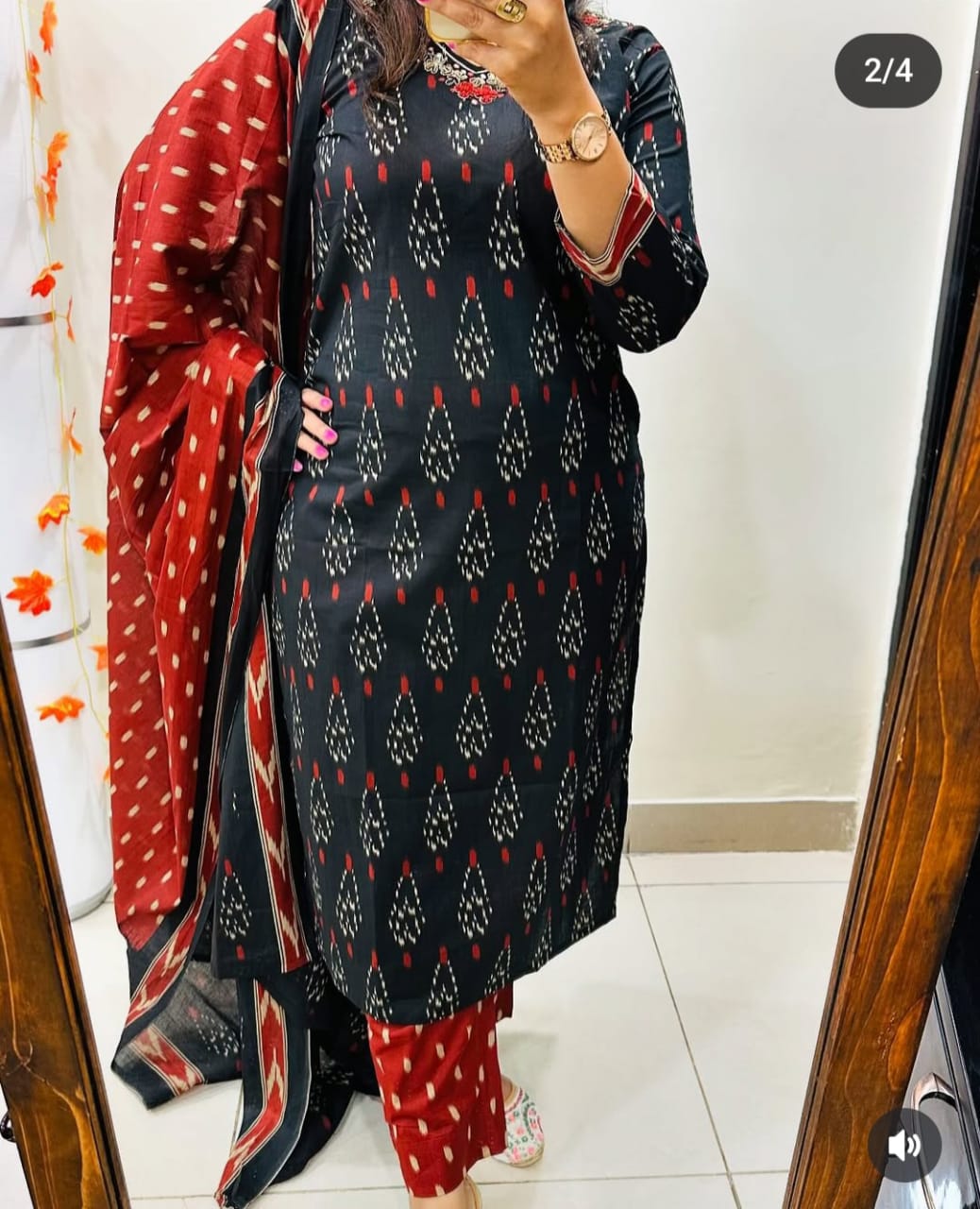 Black  Cotton printed kurta pant and mulmul dupatta set embroidery work on the neck