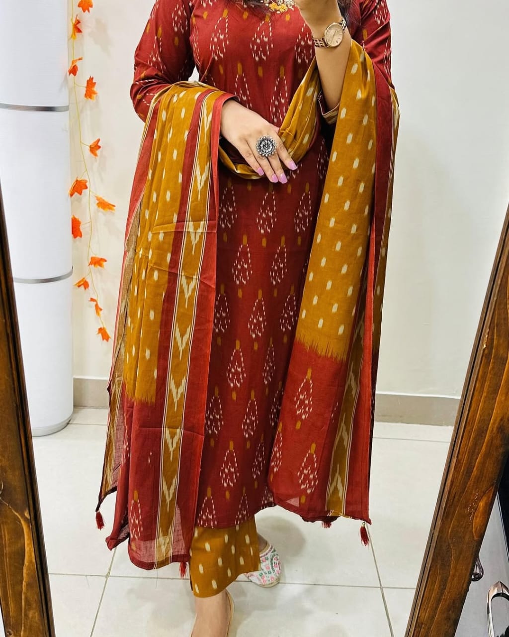 Red Cotton printed kurta pant and mulmul dupatta set embroidery work on the neck