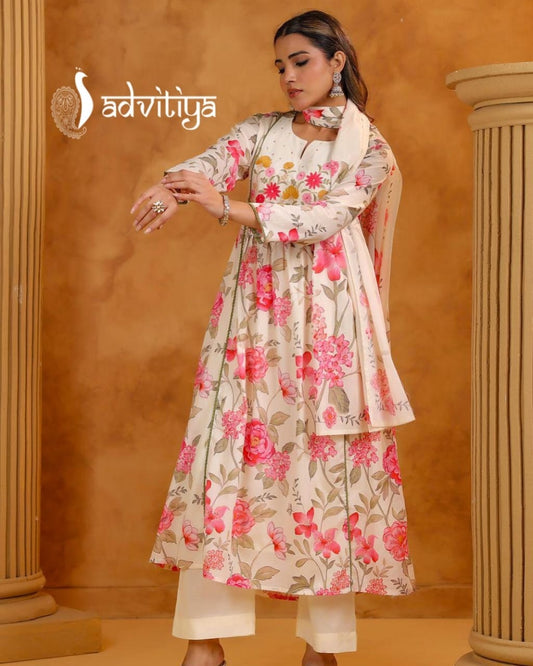 Premium cotton pink printed floral Anarkali with embroidery