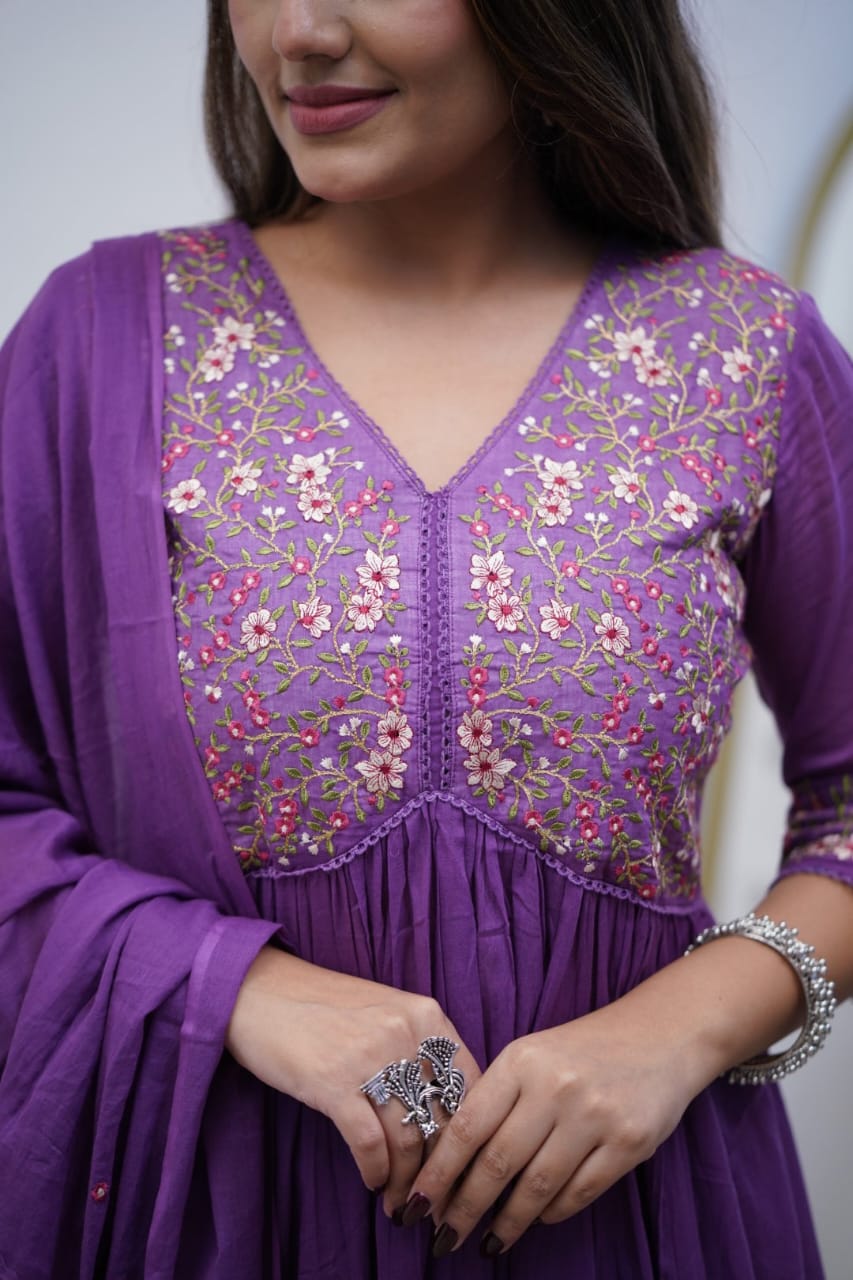 purple cotton embroidery anarkali set with dupatta