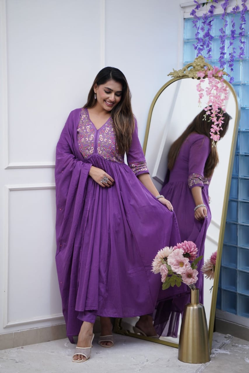 purple cotton embroidery anarkali set with dupatta