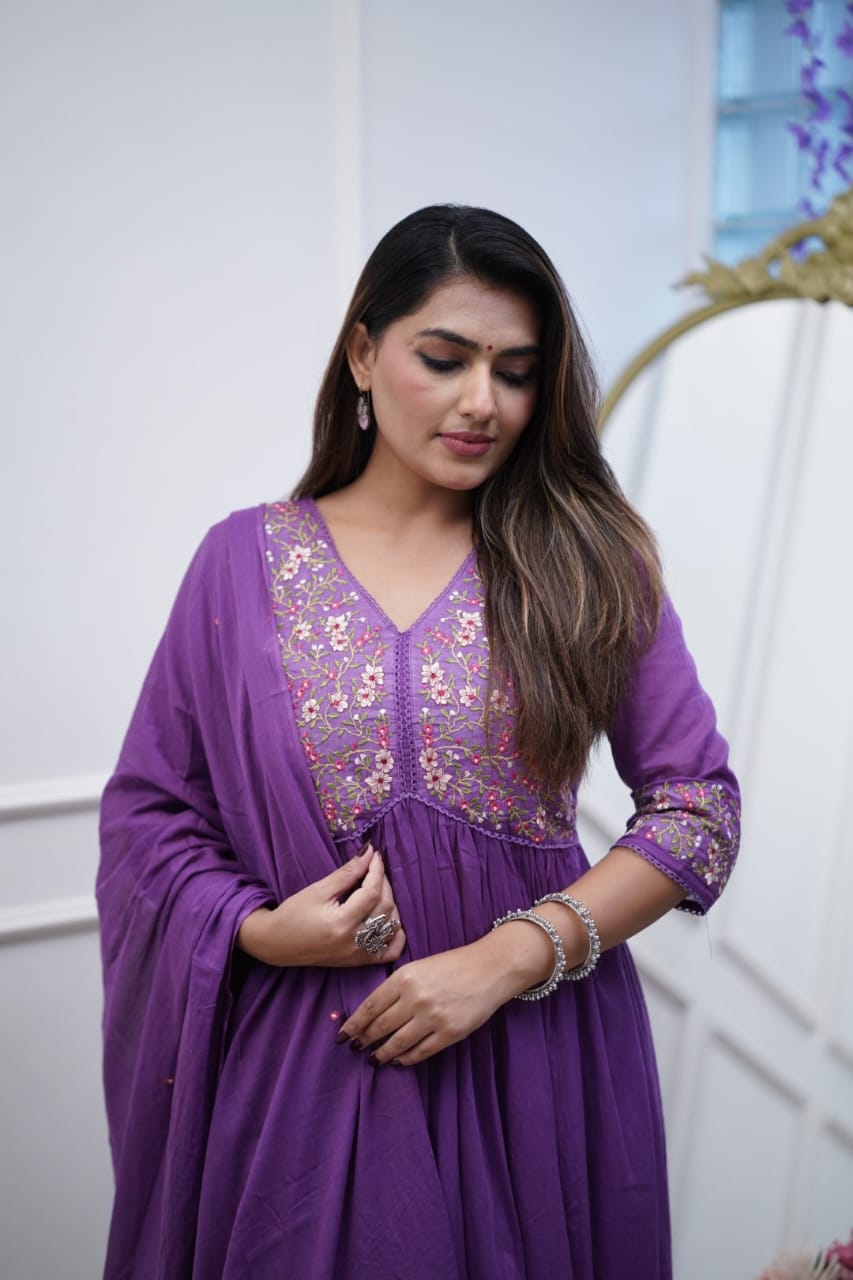 purple cotton embroidery anarkali set with dupatta