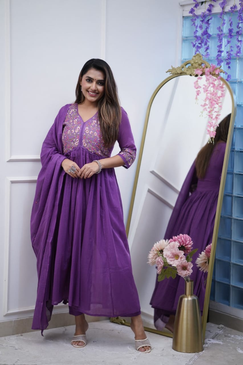 purple cotton embroidery anarkali set with dupatta