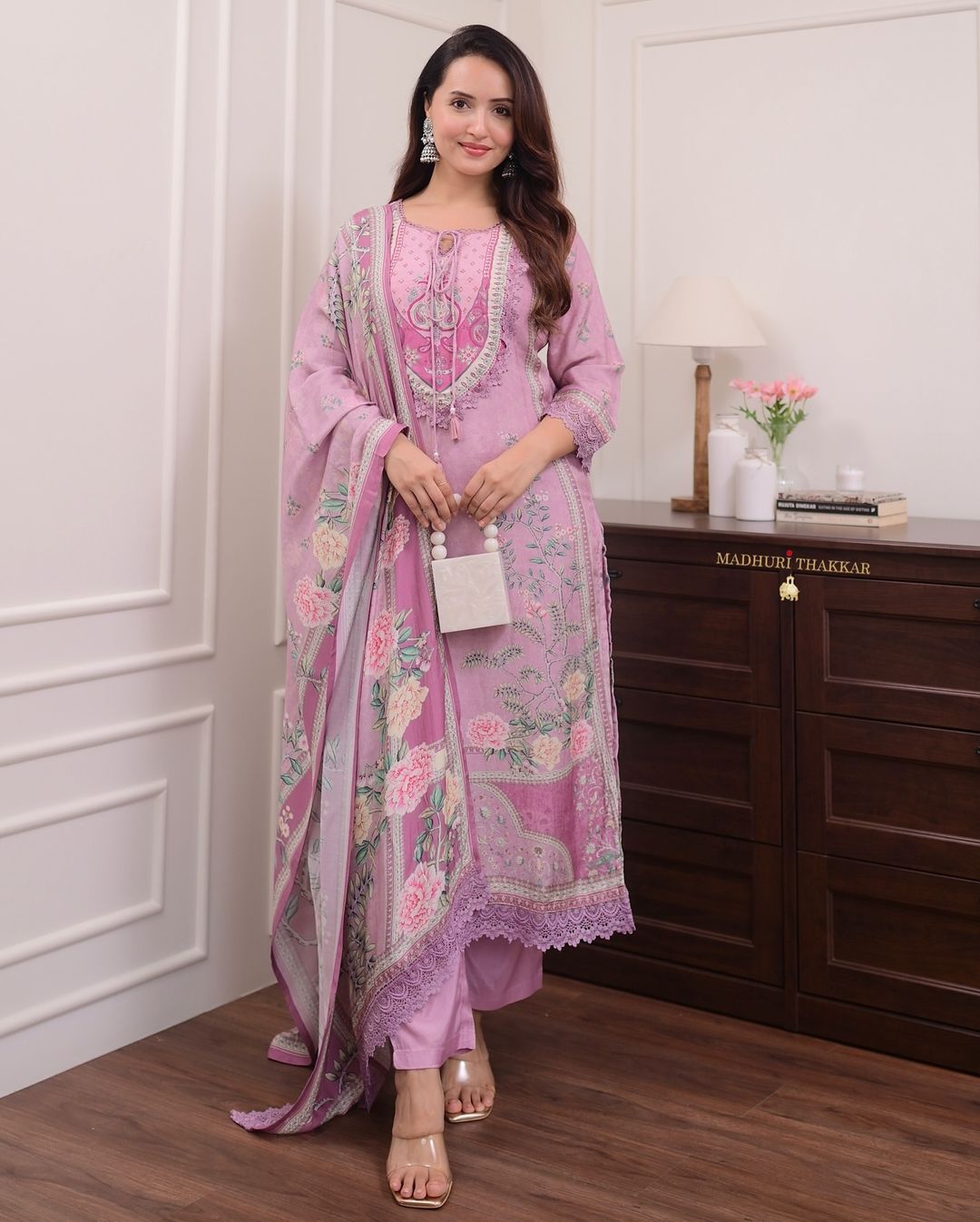 Featuring Lilac Muslin suit which is beautifully decorated with digital print