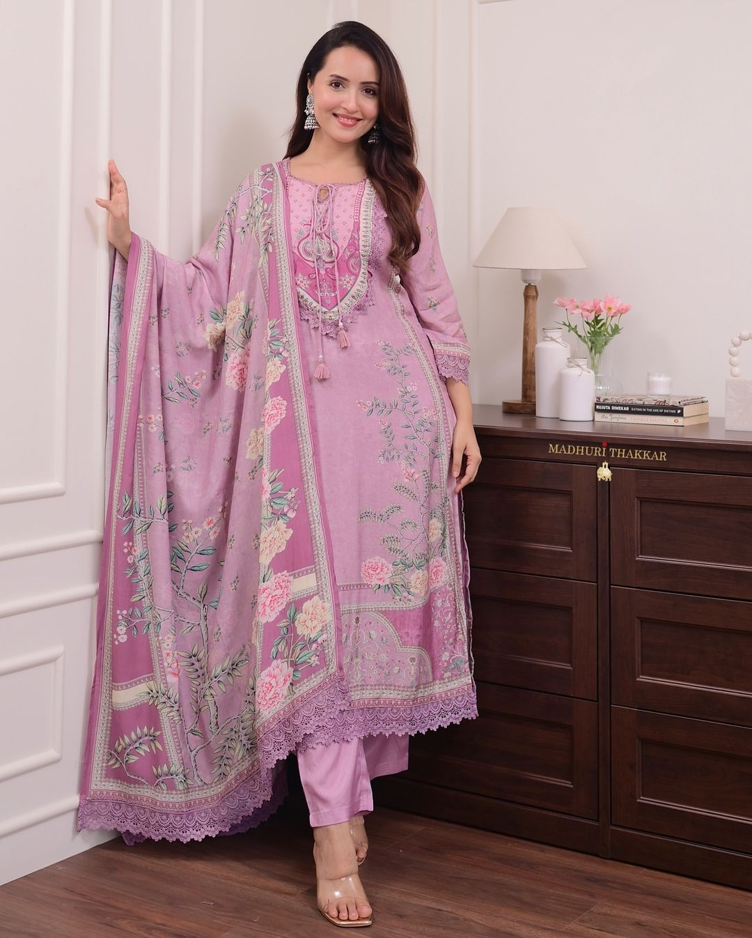 Featuring Lilac Muslin suit which is beautifully decorated with digital print