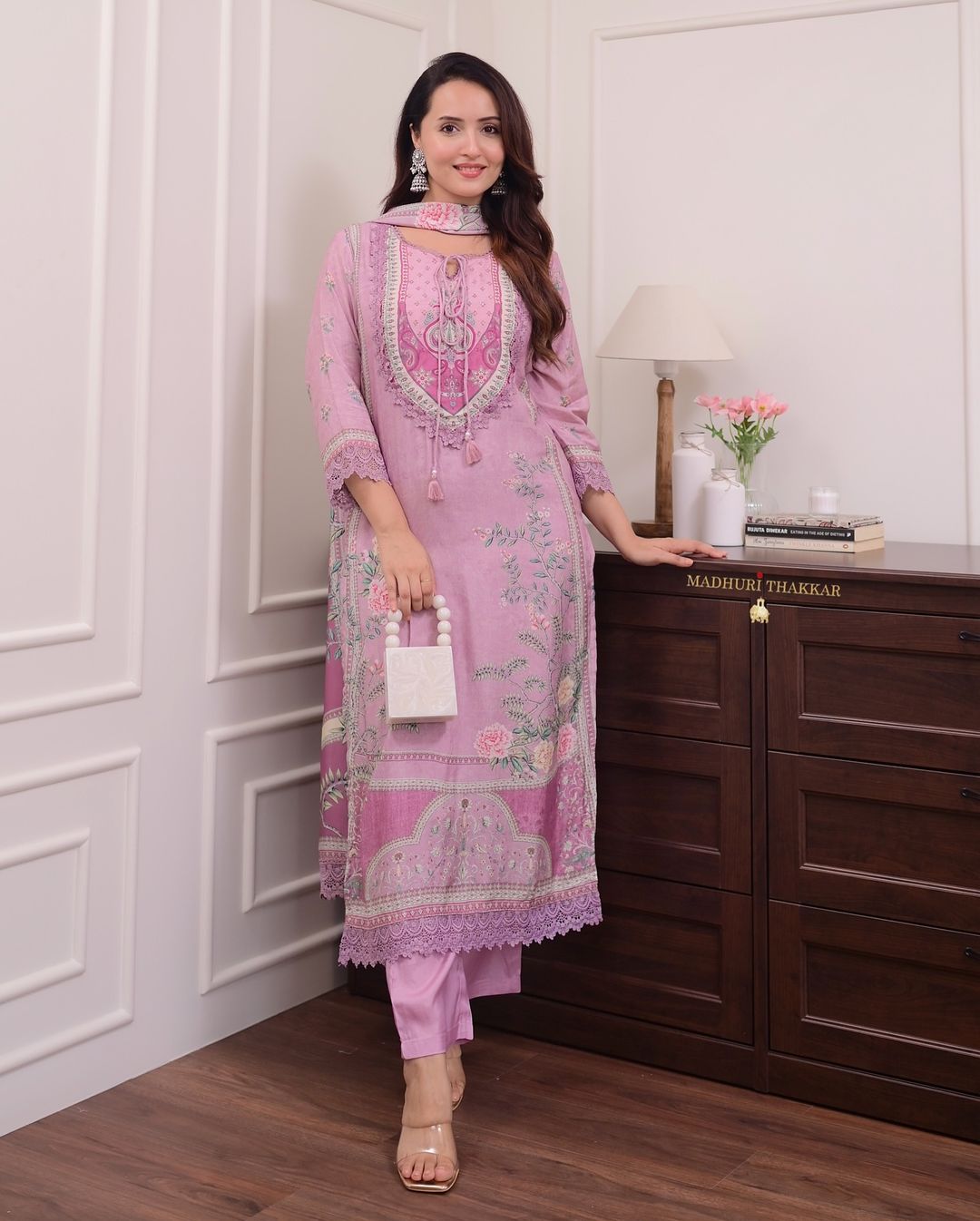 Featuring Lilac Muslin suit which is beautifully decorated with digital print