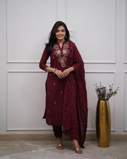 Women Cotton Maroon Embroidered Kurta Pant and Dupatta set