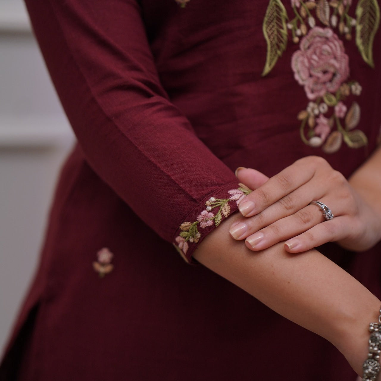 Women Cotton Maroon Embroidered Kurta Pant and Dupatta set