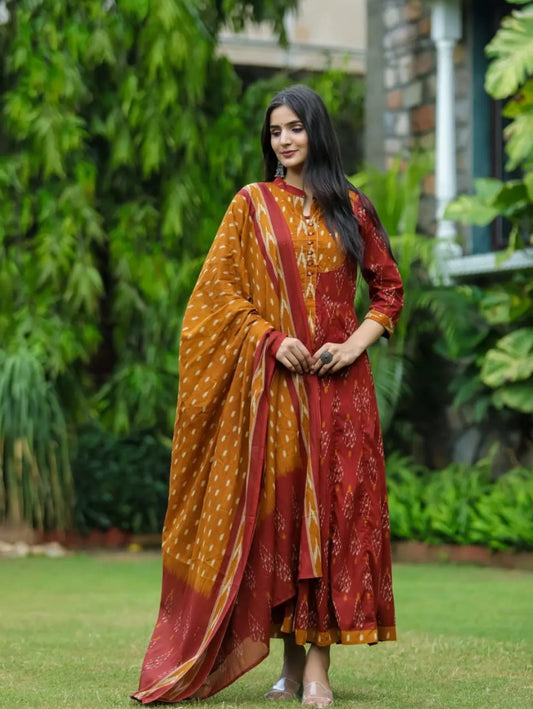 Red Designer ekka print with Anarkali pant and Dupatta set