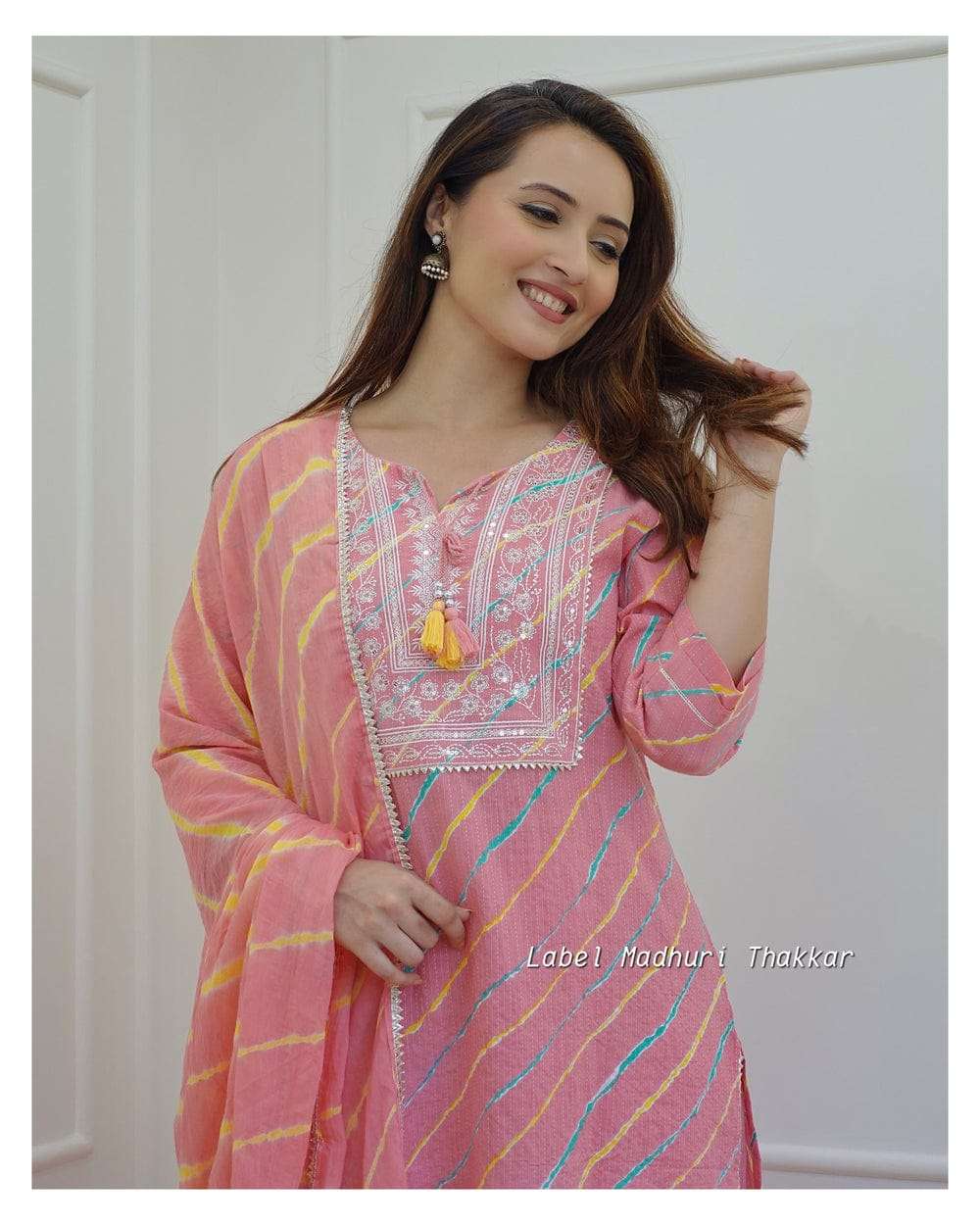 Pink Leheriya Cotton Blend Embroidered Suit Set For Women