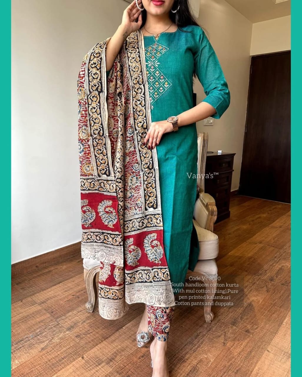 Turquoise Blue  Handloom Cotton Embroidered Kurti Pant Set