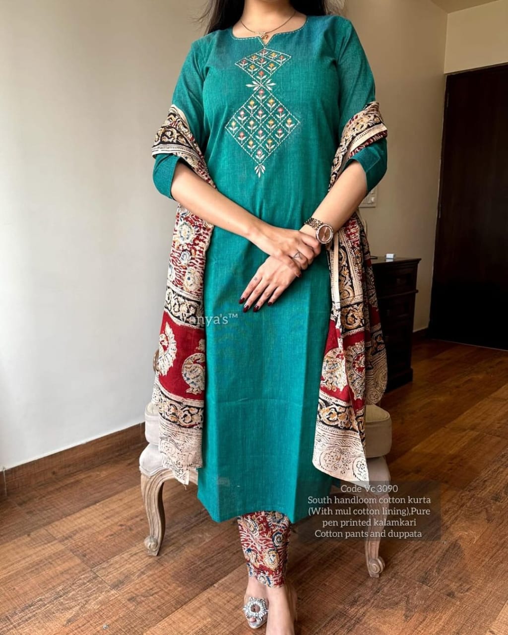 Turquoise Blue  Handloom Cotton Embroidered Kurti Pant Set