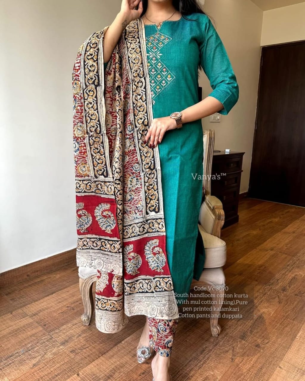 Turquoise Blue  Handloom Cotton Embroidered Kurti Pant Set