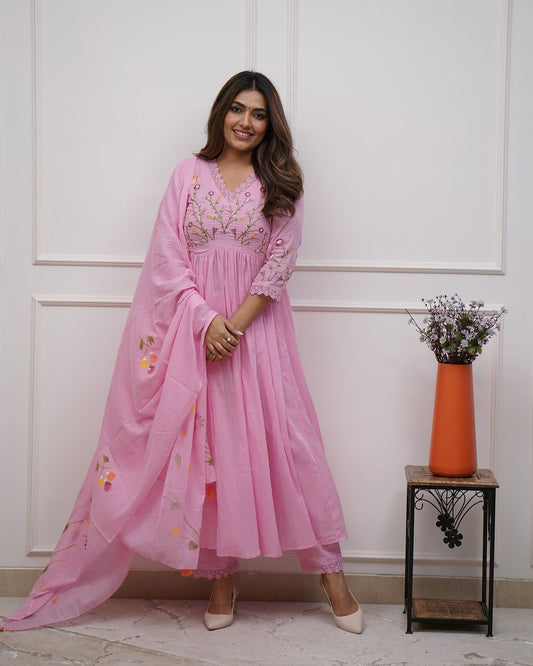 Pink Pure Cotton Kurta and Pants with Dupatta