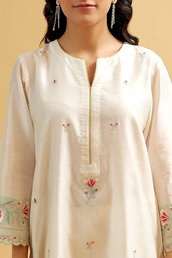 White Embroidered Cotton Kurta and Pant Set