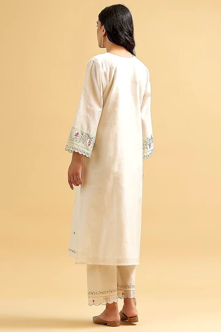 White Embroidered Cotton Kurta and Pant Set