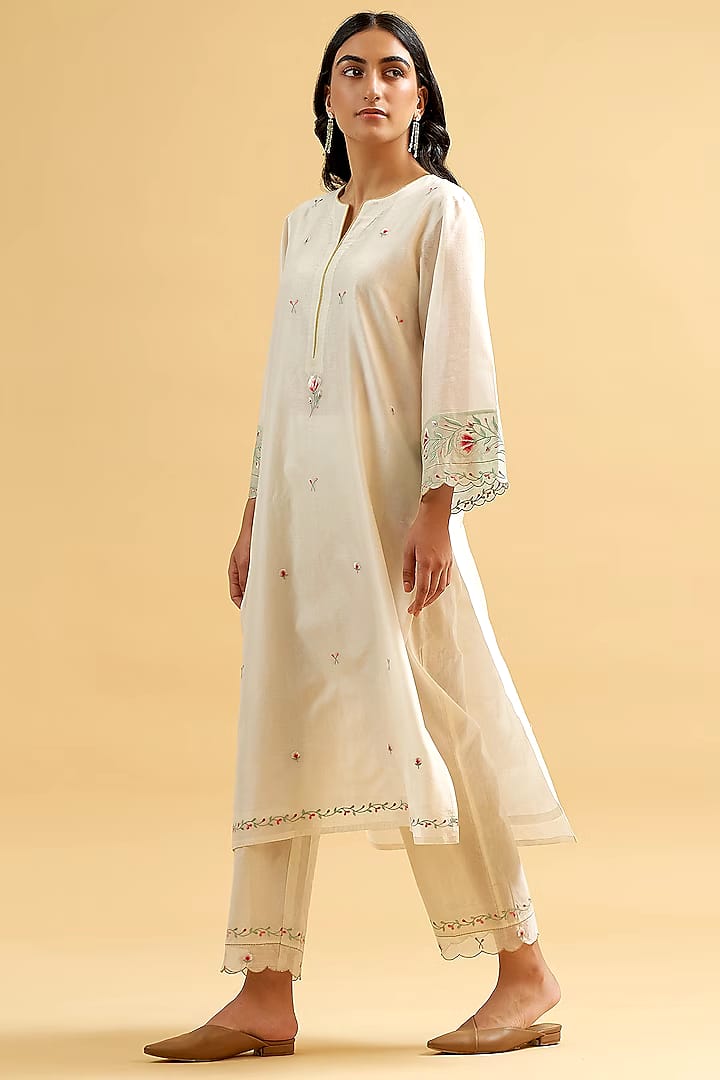 White Embroidered Cotton Kurta and Pant Set