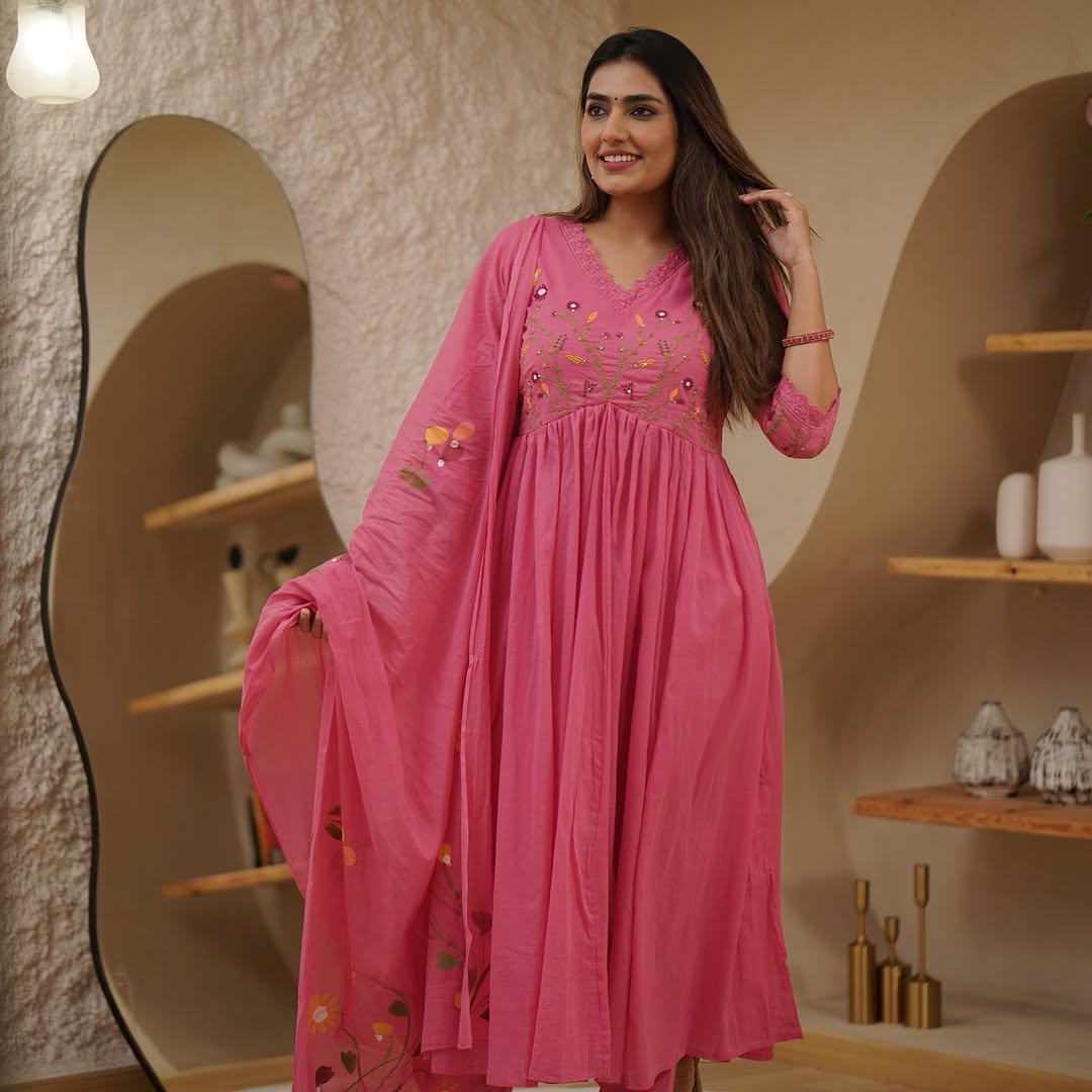 Pink Hit Design Anarkali 3 Piece Suit