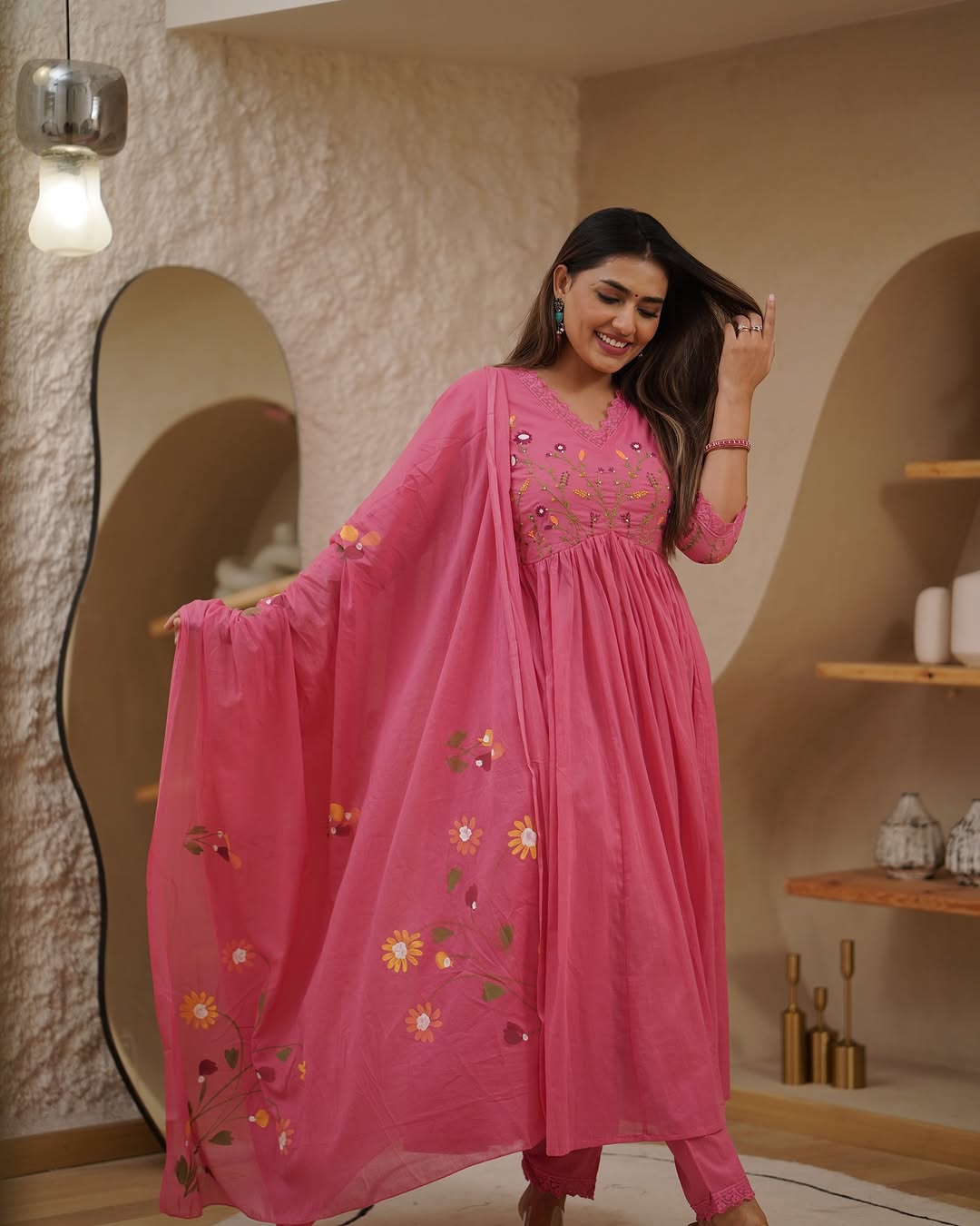 Pink Hit Design Anarkali 3 Piece Suit