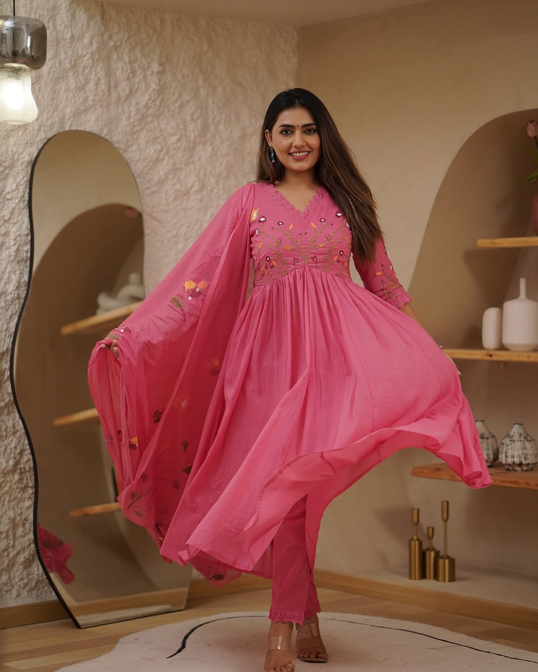 Pink Hit Design Anarkali 3 Piece Suit