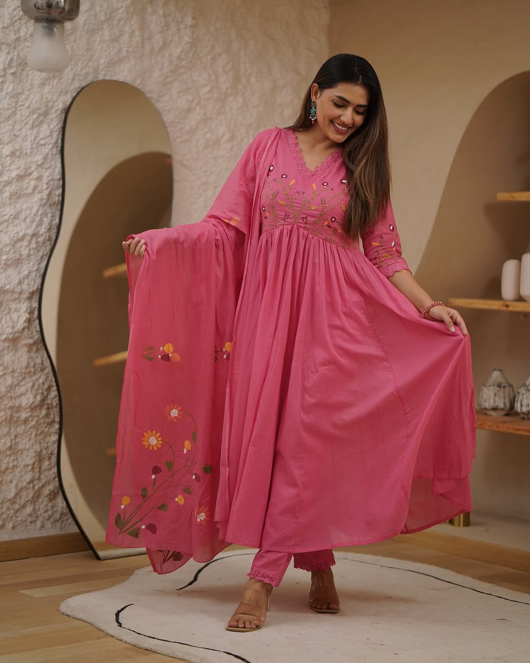 Pink Hit Design Anarkali 3 Piece Suit