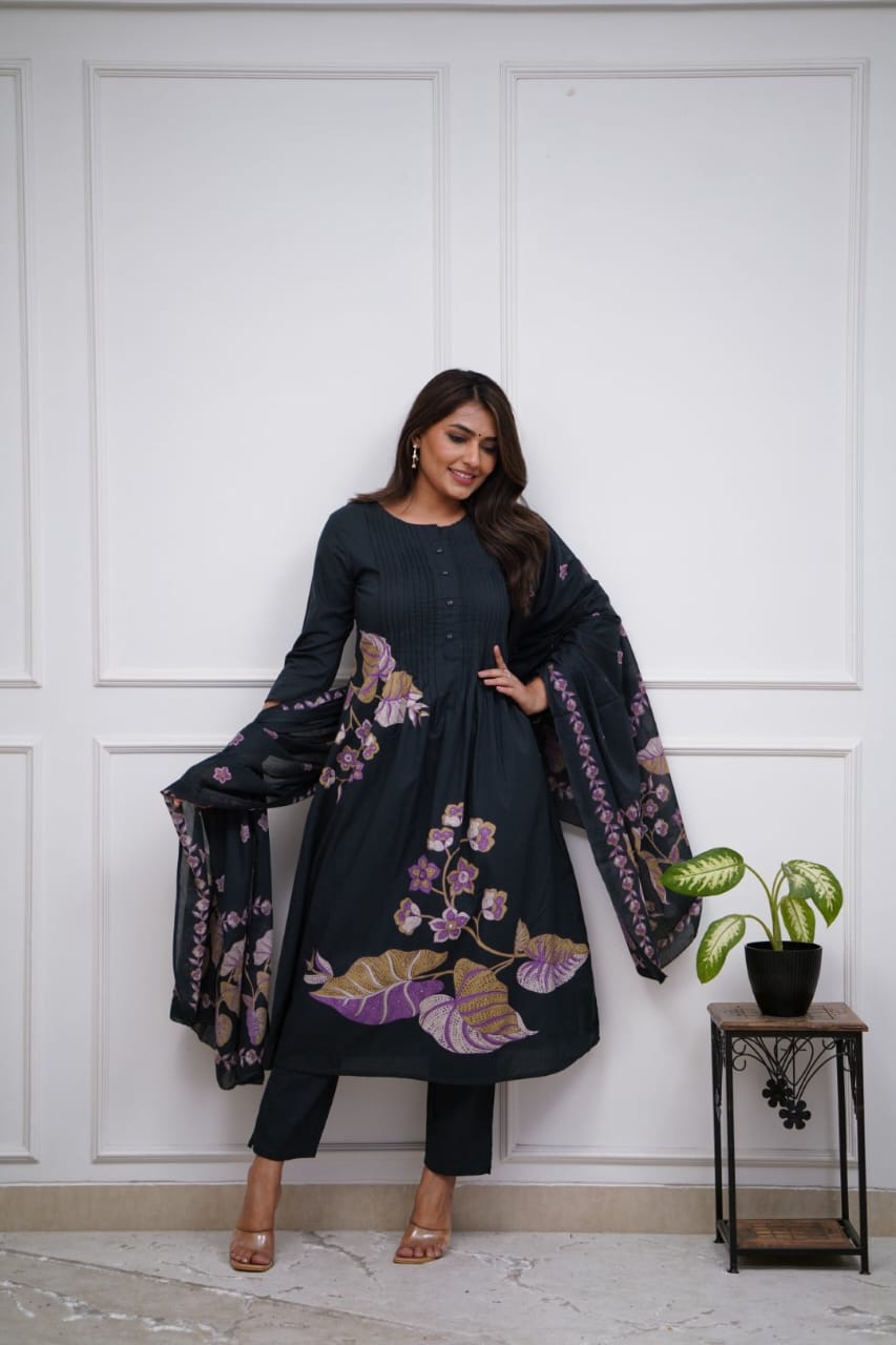 Black Floral Printed Design Work Mulmul Cotton Silk Kurta with Trousers & Dupatta