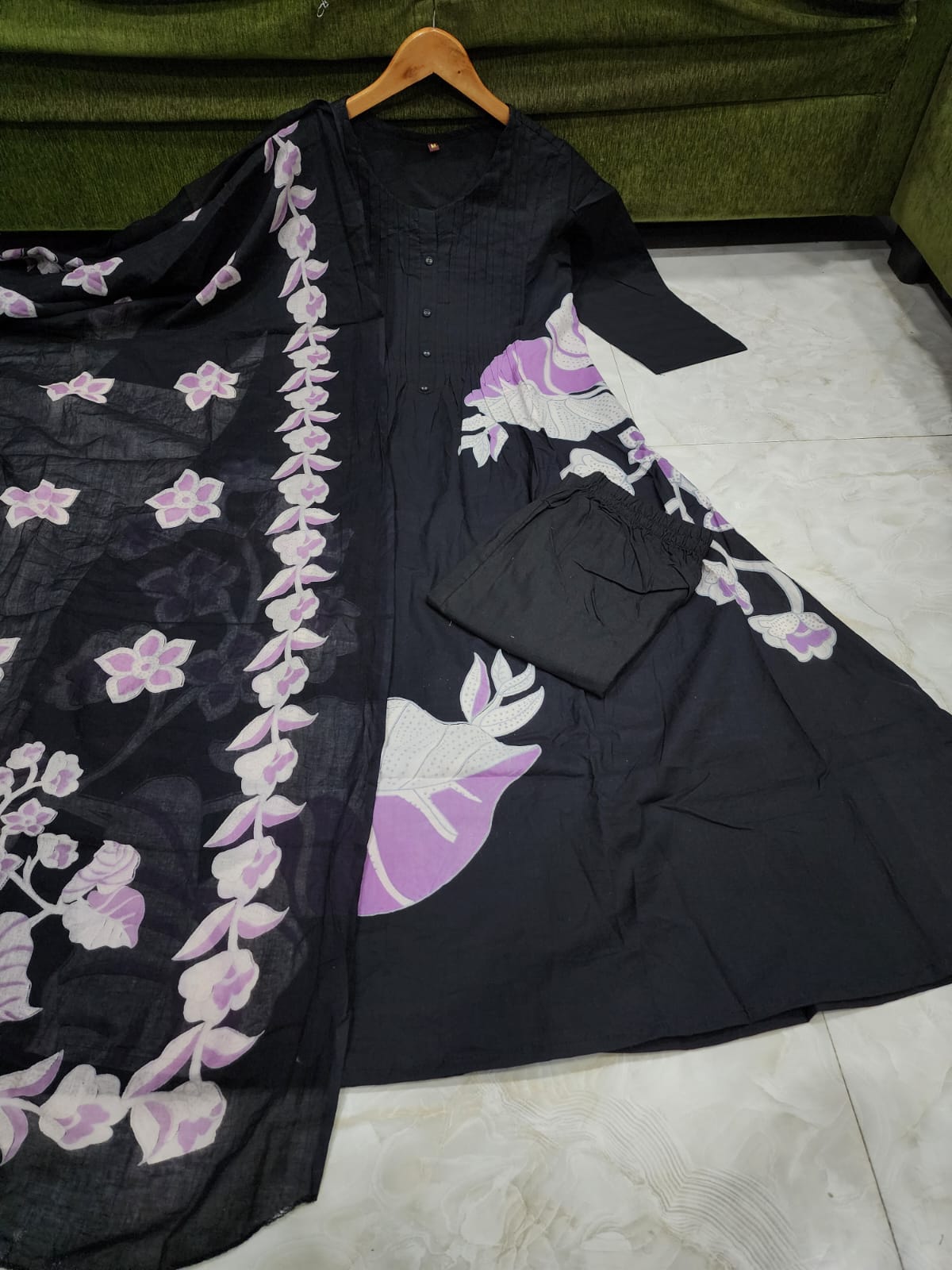 Black Floral Printed Design Work Mulmul Cotton Silk Kurta with Trousers & Dupatta