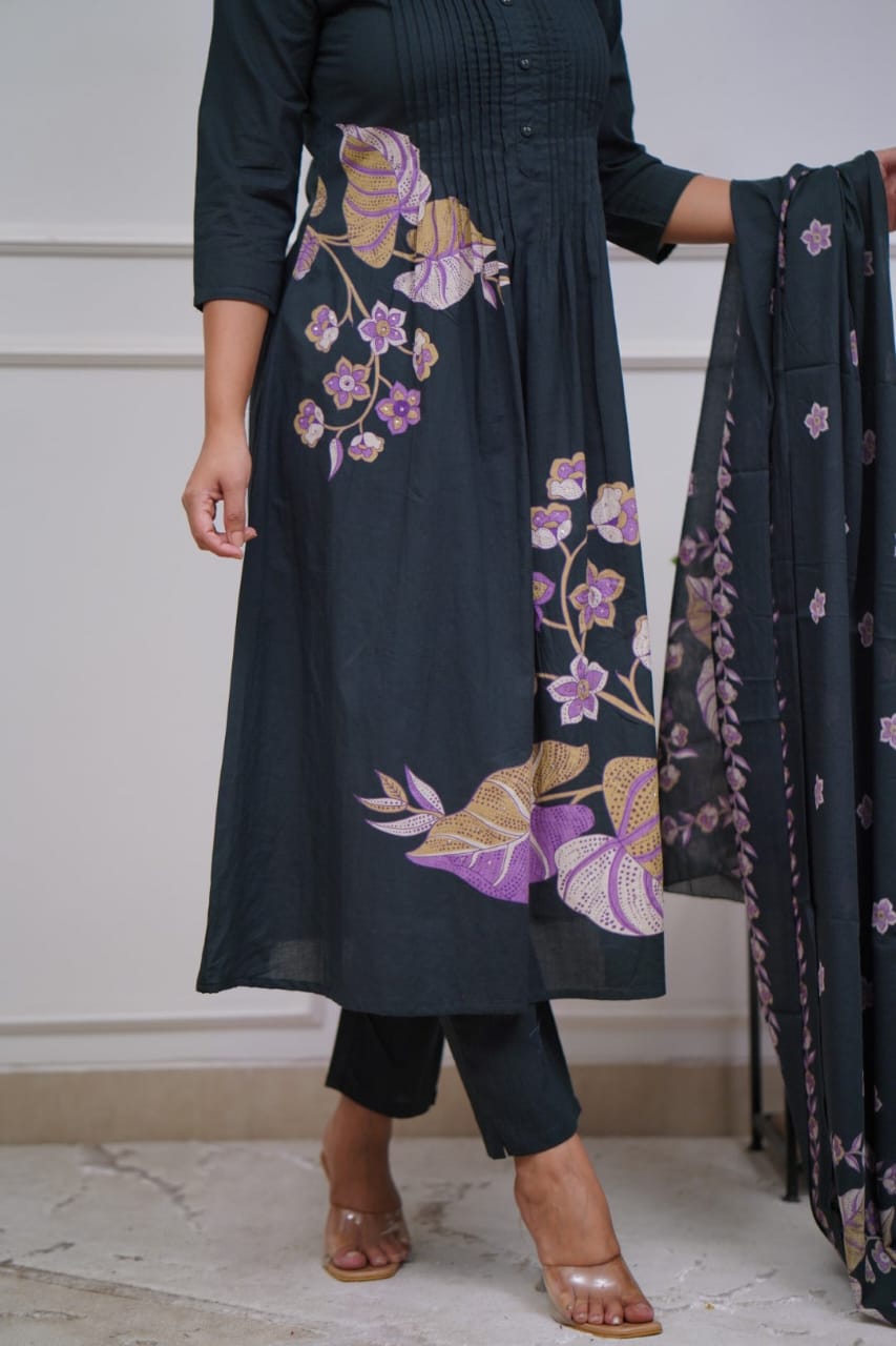 Black Floral Printed Design Work Mulmul Cotton Silk Kurta with Trousers & Dupatta