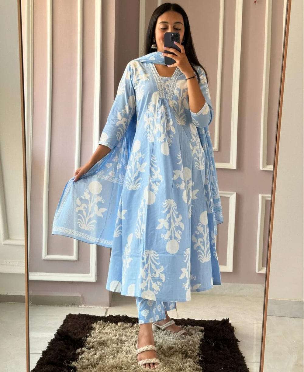 Blue Pure Cotton Printed Long Kurti with Pant and Dupatta Set