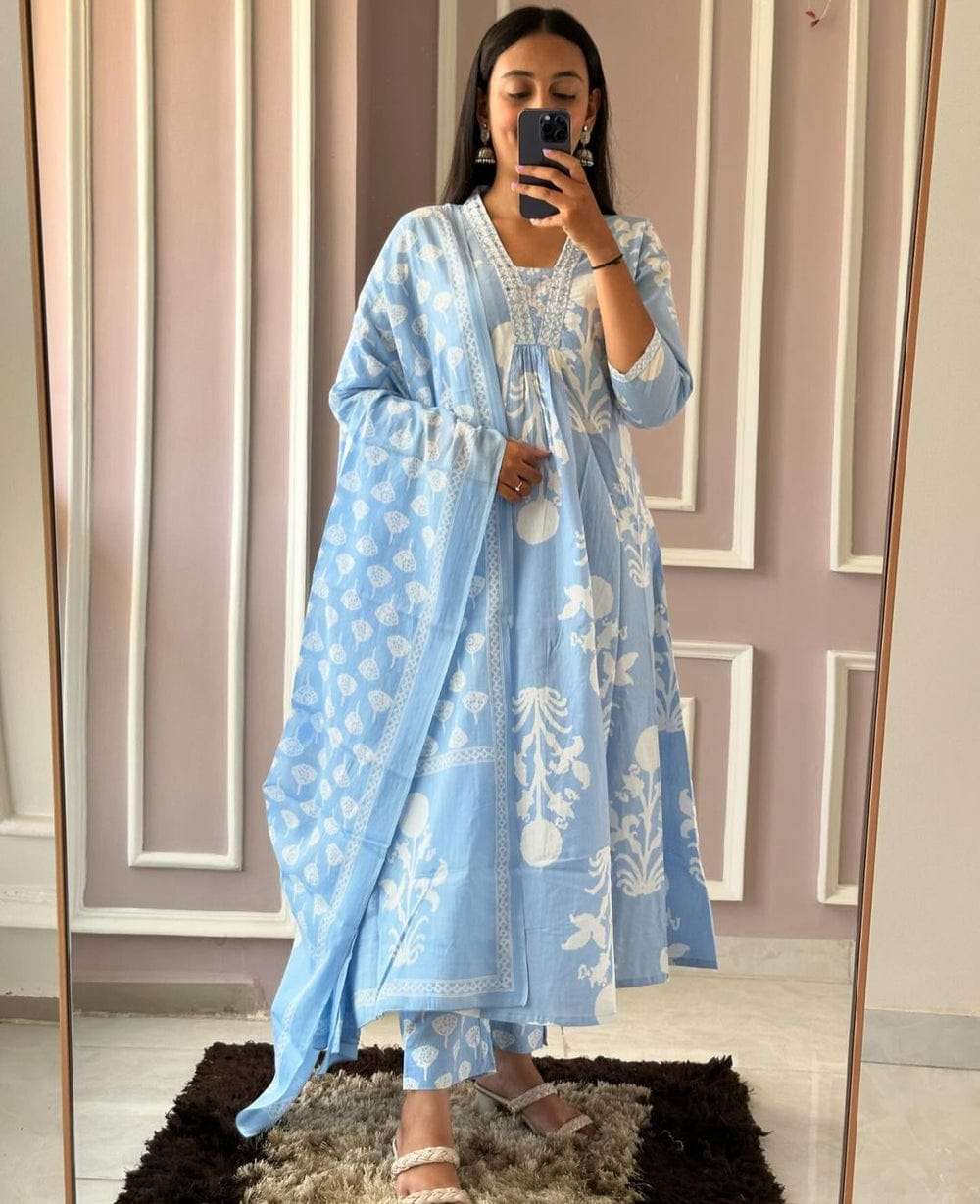 Blue Pure Cotton Printed Long Kurti with Pant and Dupatta Set