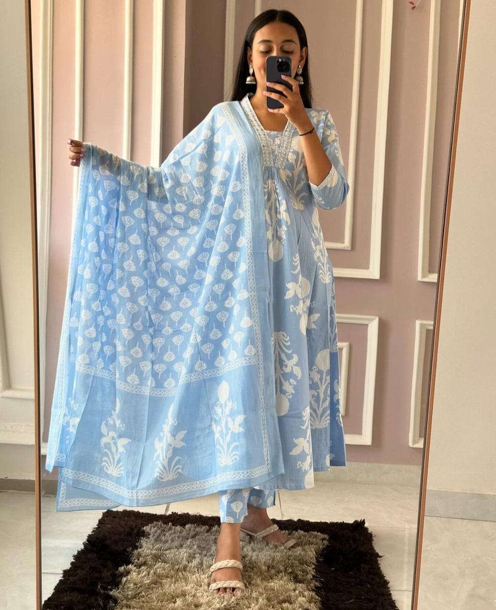 Blue Pure Cotton Printed Long Kurti with Pant and Dupatta Set