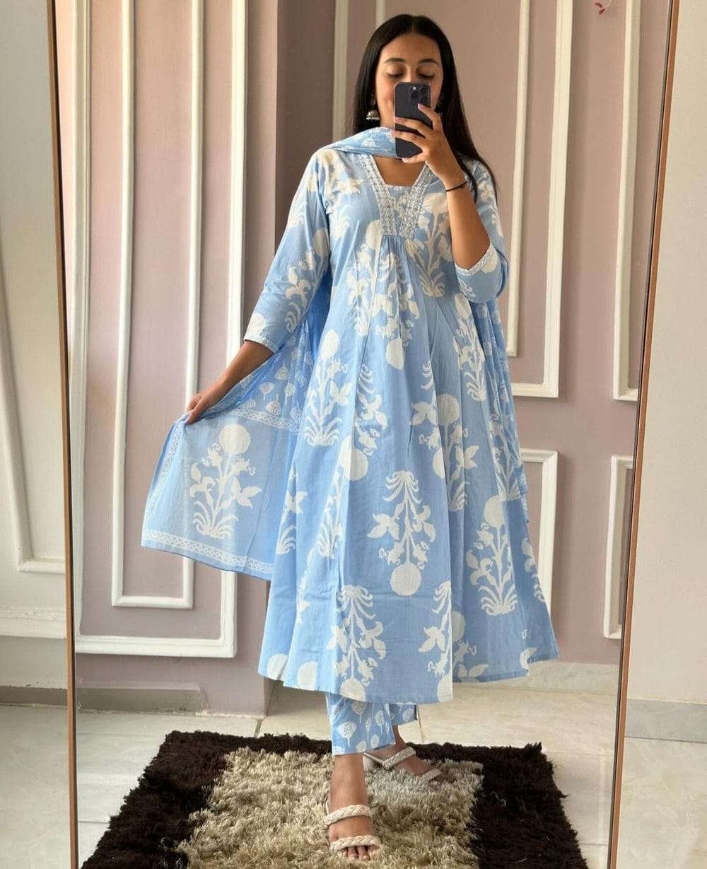 Blue Pure Cotton Printed Long Kurti with Pant and Dupatta Set