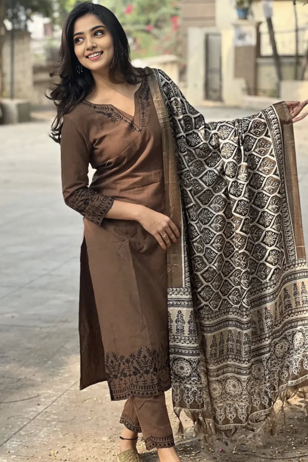 Coffee  Embroidered Cotton Kurti With Pant And  Silk Digital Print Dupatta